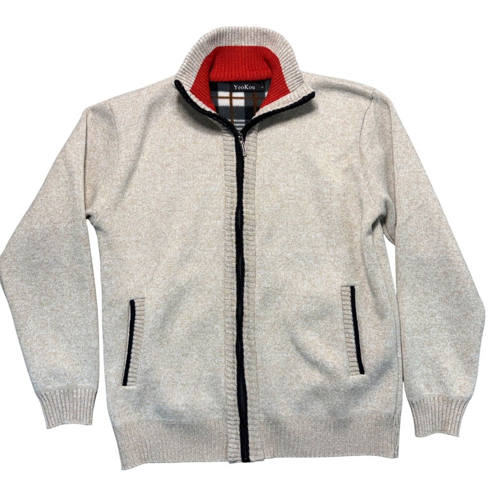 YeoKou Mens Cashmere Wool Blend Fleece Lined Full Zip Cardigan Sweater Beige L